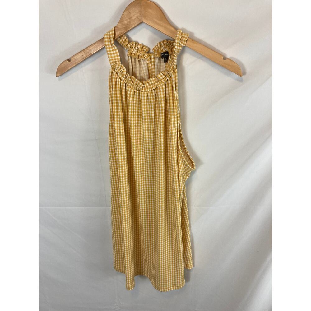 Adrianna Papell Yellow Gingham Print Ruffle Neck Sleeveless Blouse Size Medium